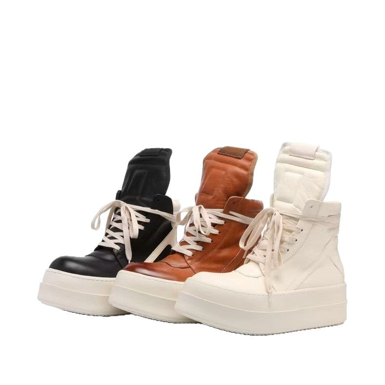 Genuine Cowhide, Round-Toe, Height-Increasing High-Top Shoes