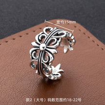 S925 sterling silver chrome hearts cross flower retro open ring