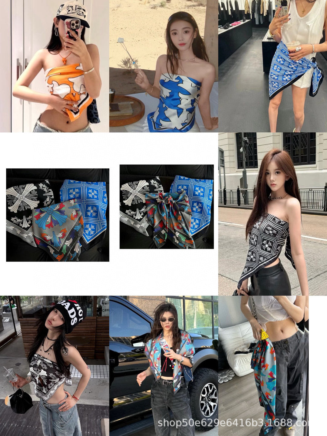 Chrome Hearts-Style All-Over Print Silk Bandeau Top