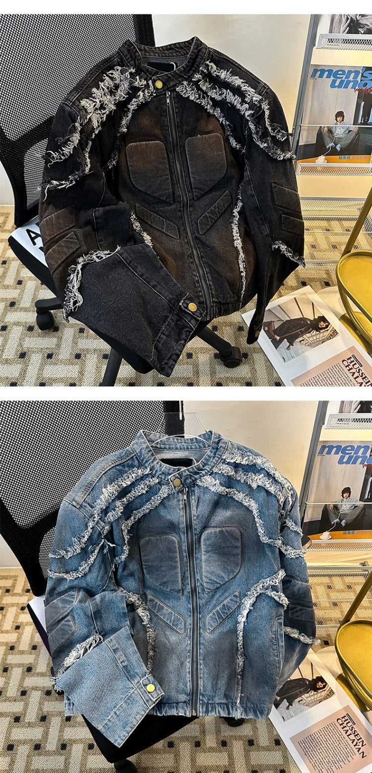 Embossed Raw-Hem Padded-Shoulder Denim Jacket