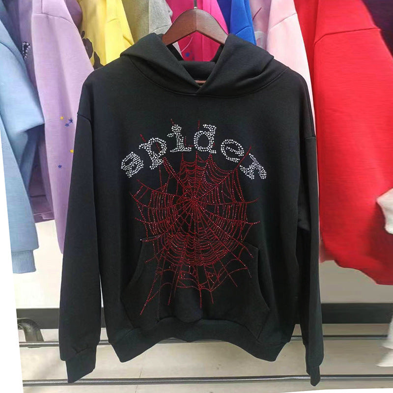 Sp5der fleece-lined hoodie with spiderweb print.
