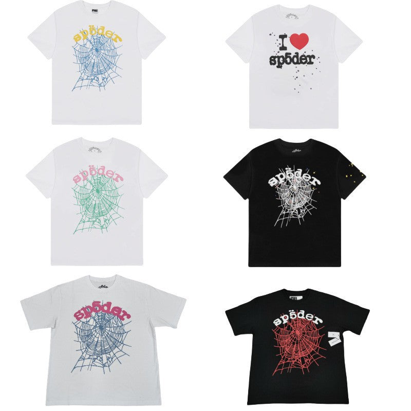 Hip-hop SP5der loose-fitting spider web T-shirt with lettering