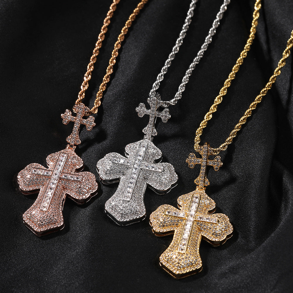 Hip-hop zircon-encrusted couple's necklace with large and small crosses