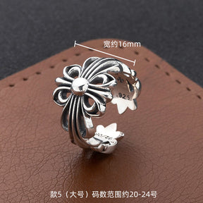 S925 sterling silver chrome hearts cross flower retro open ring