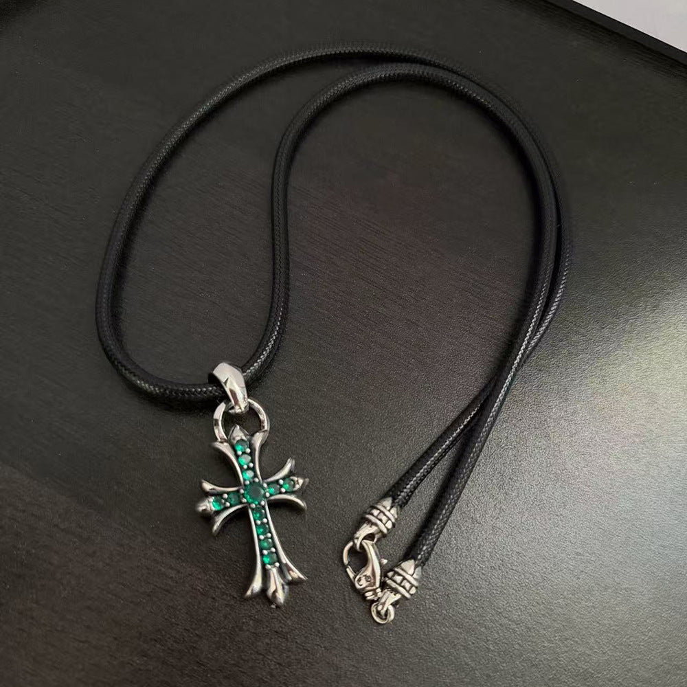 Chrome Hearts Dark Style Anchor and Cross Leather Cord Necklace