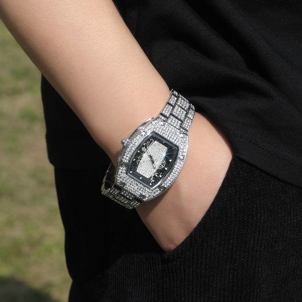 Diamond-set color-blocked hip-hop tonneau-shaped watch