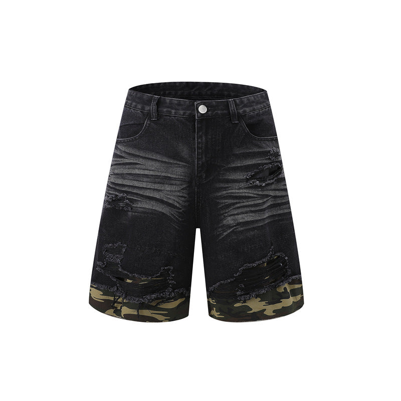 Raw-Hem Leopard-Print Patchwork Denim Shirt & Shorts Set