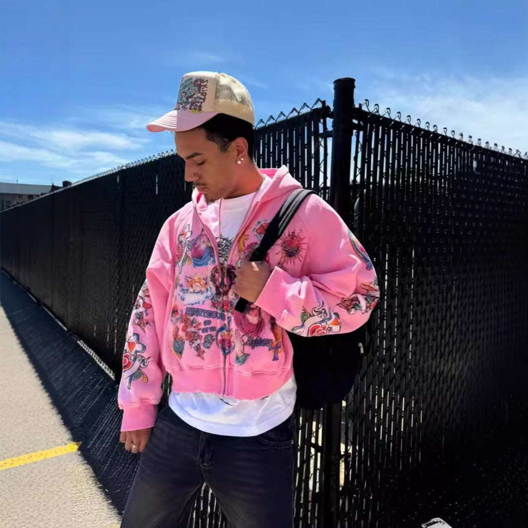 RIGHTEOUS Jesus Cross Cartoon Hooded Zip-up Sweatshirt