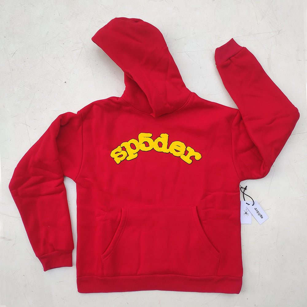 Sp5der fleece-lined hoodie with spiderweb print.