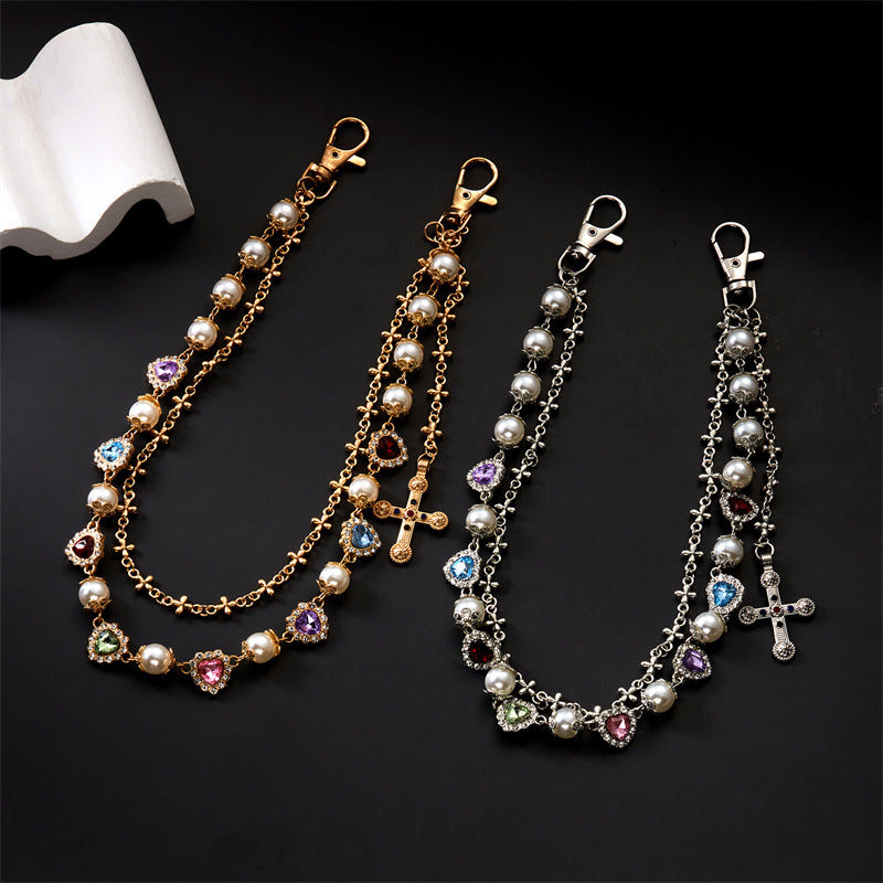 Multi-Color Gemstone, Pearl, and Cross Punk Waist Chain