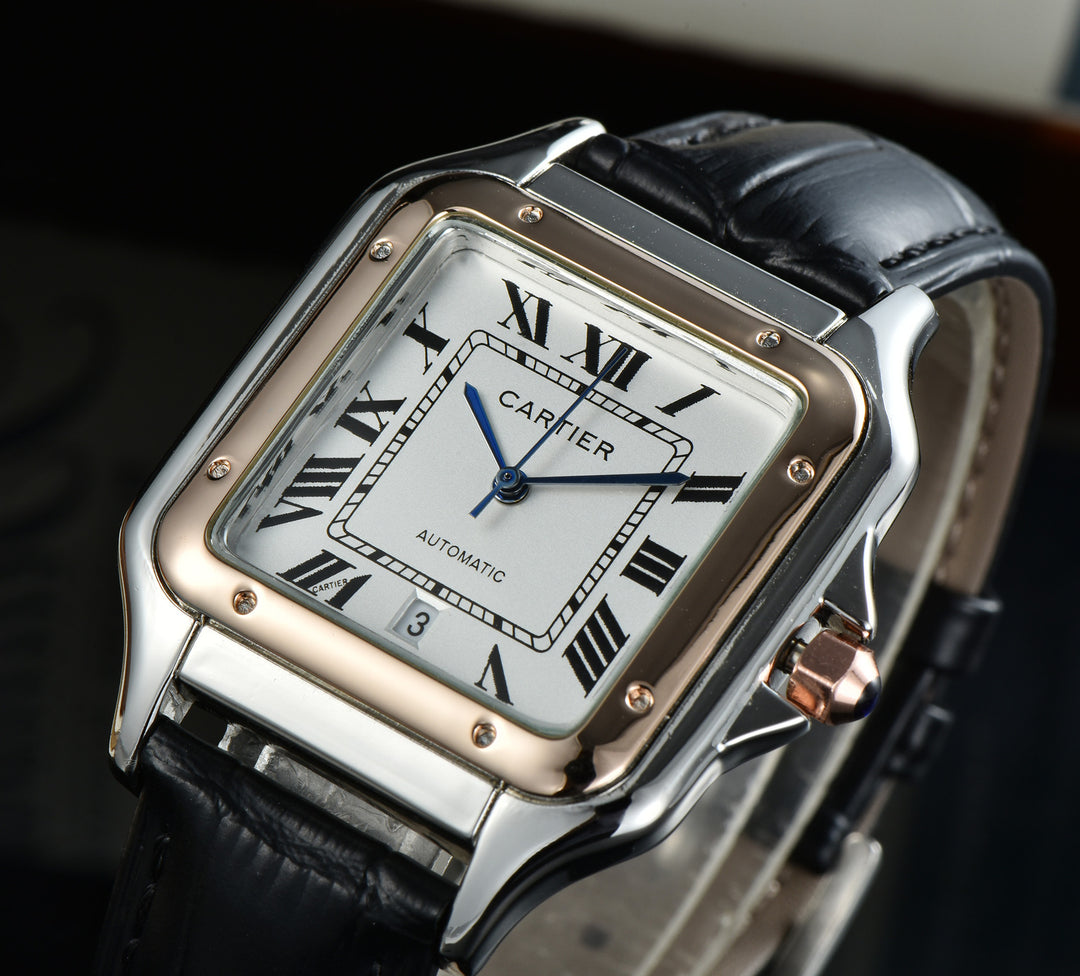 Leather Strap, Three-Hand Quartz Watch with Square Case