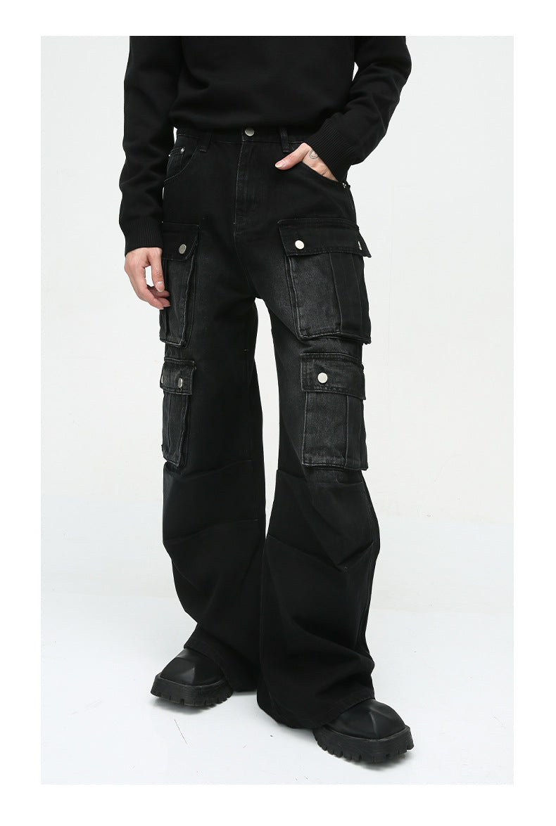 Heavy-Duty Retro Multi-Pocket Cargo-Style Wide-Leg Jeans