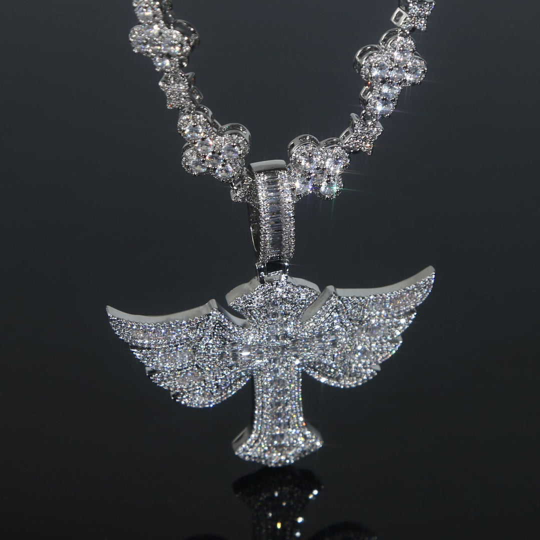 Hip Hop Winged Cross Zirconia Pendant Necklace