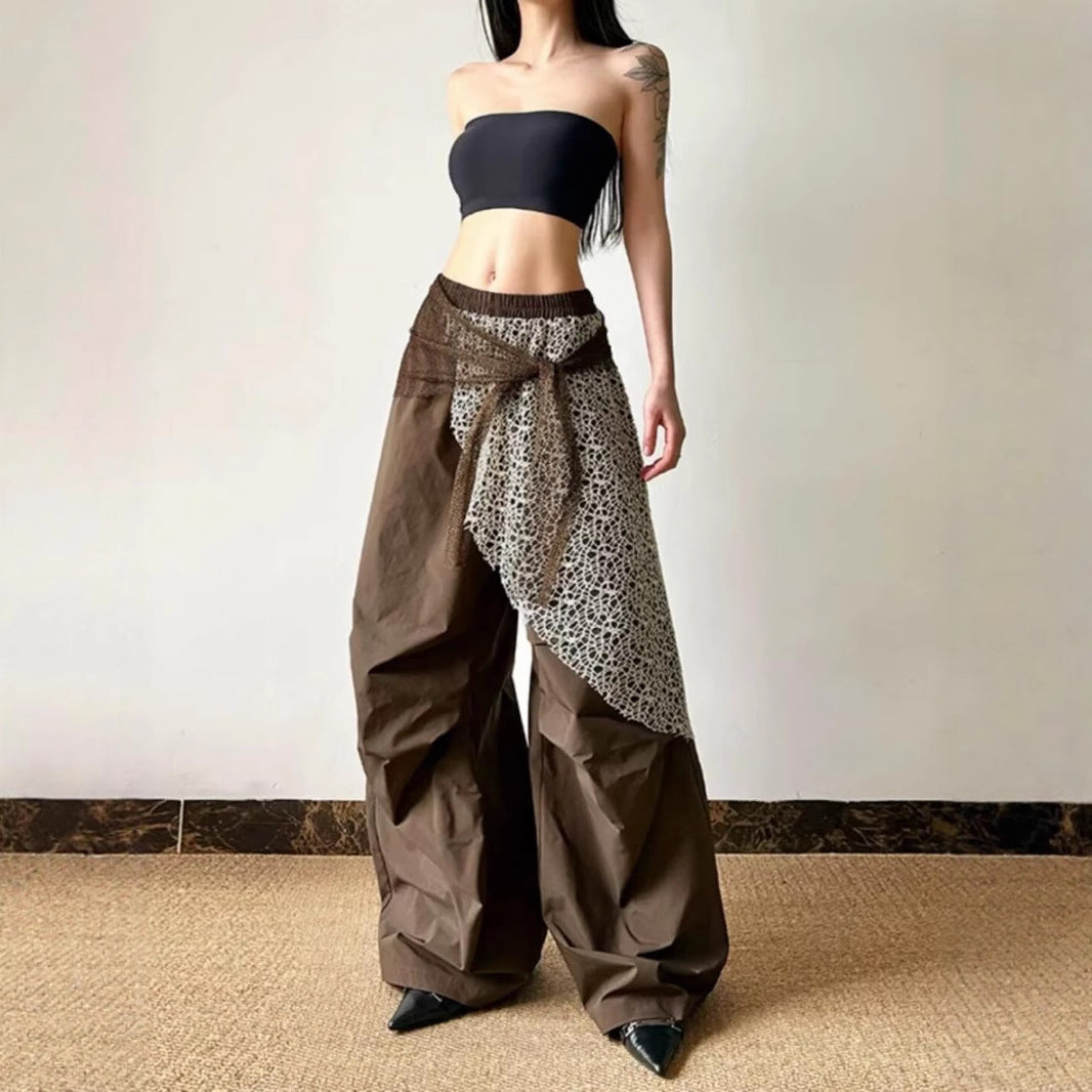 Pleated faux two-piece casual pants