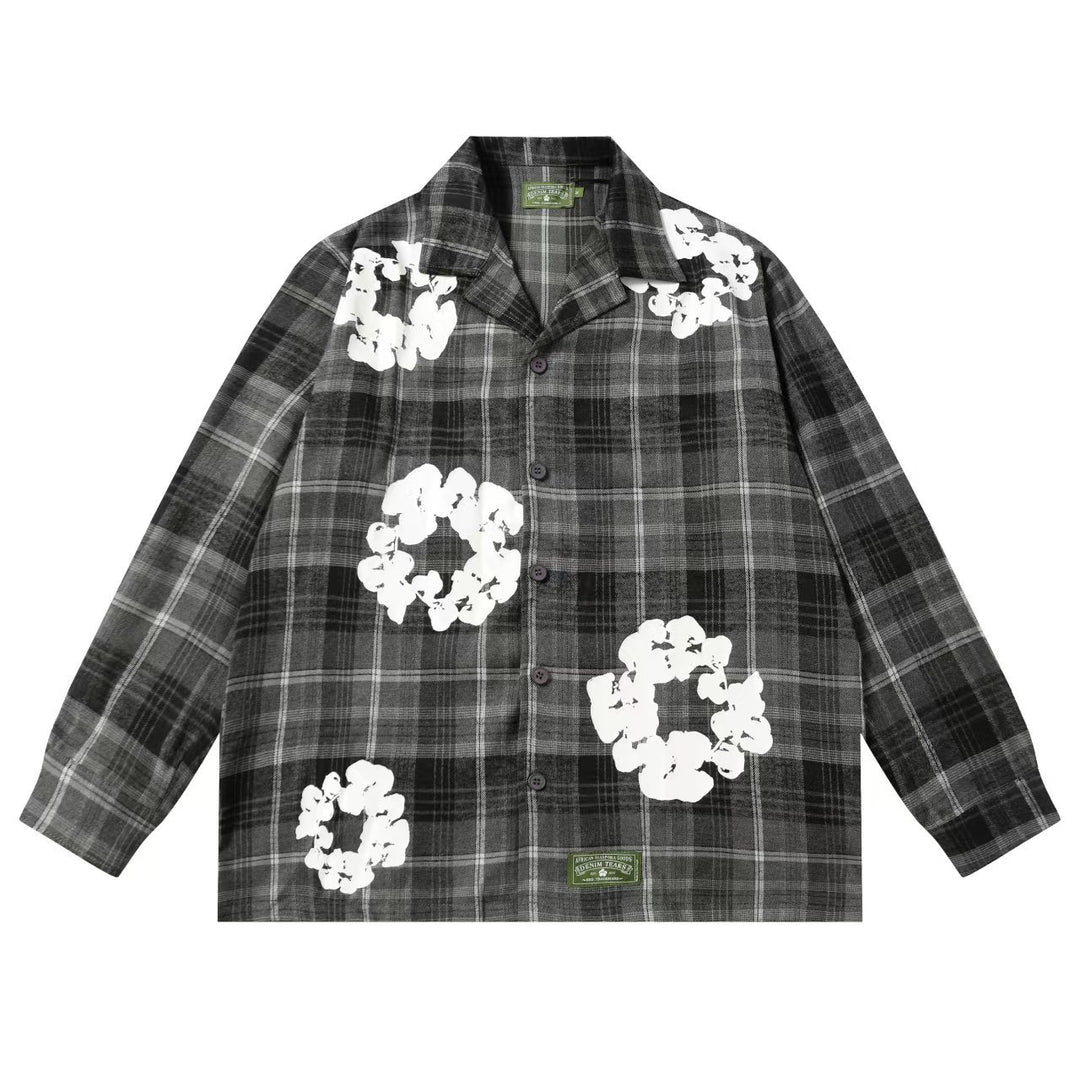 Kapok flower foam print plaid shirt set