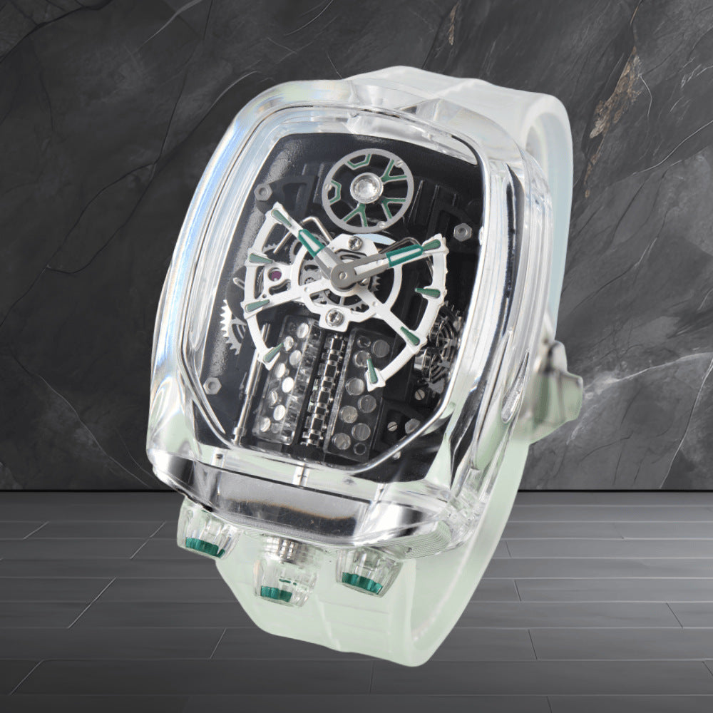 W16 Engine-Style Watch with Sparkling Transparent Crystal Case