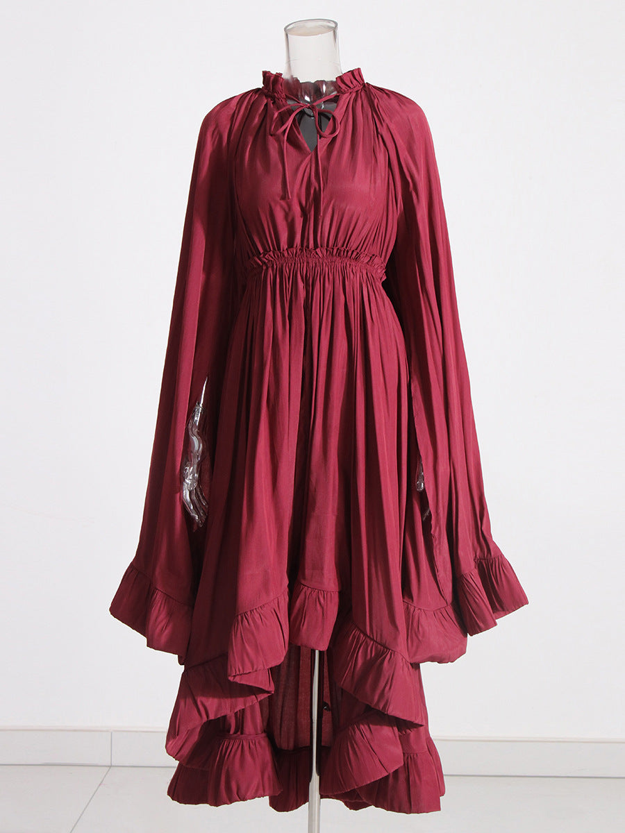 French Palace Style V-Neck Long Sleeve Shawl Pleated Ruffle Dress