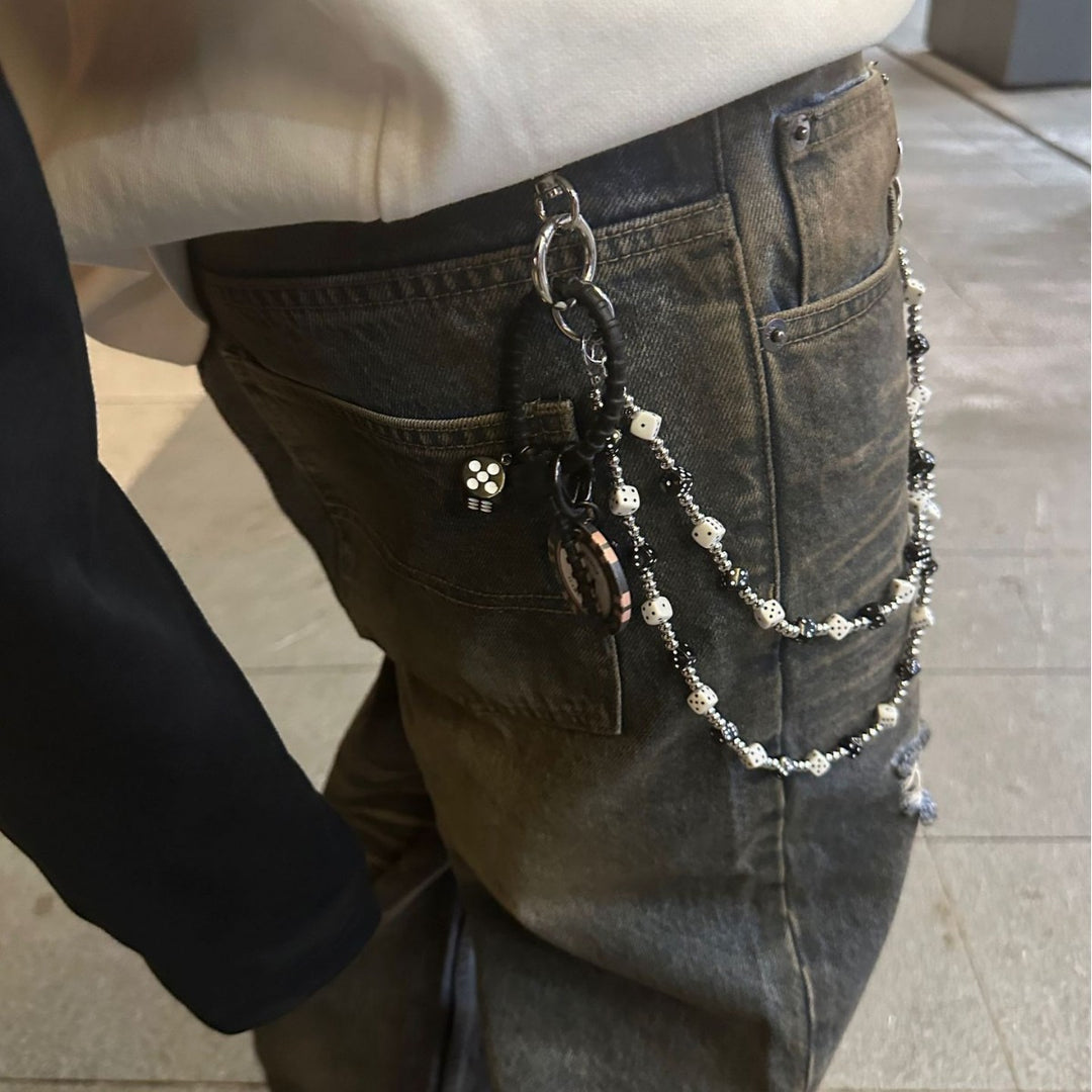 Distressed Double-Layer Black & White Dice and Pearl Pant Chain
