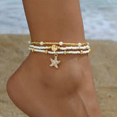 Starfish shell millet beaded anklet three-layer set