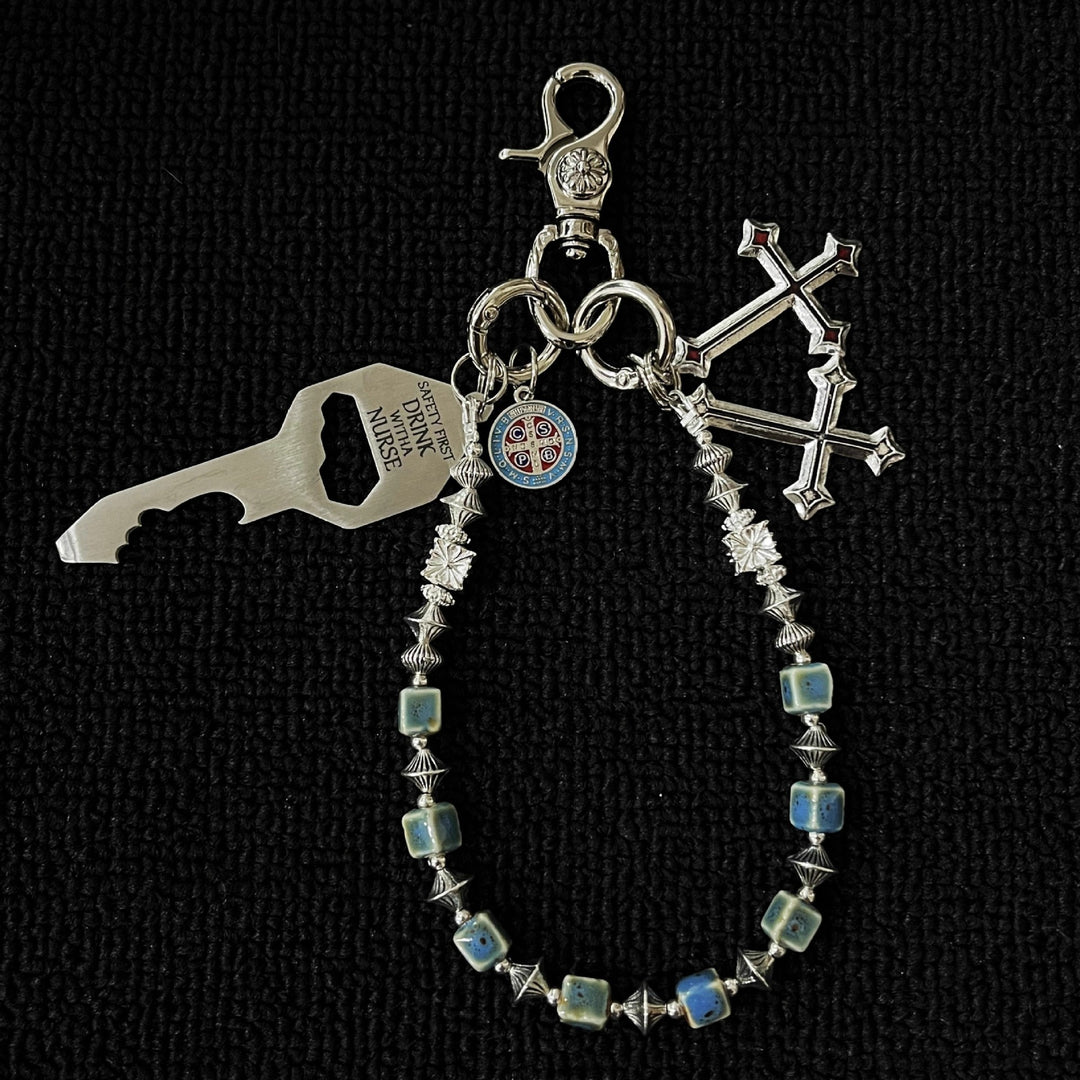 Vintage Blue Ceramic Bead Keychain with Cross Charms