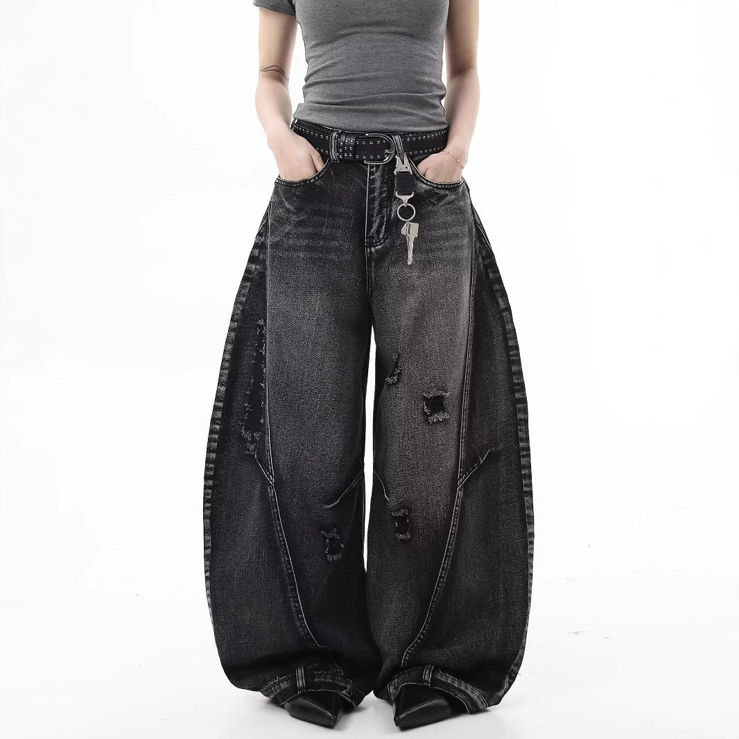 Retro Hong Kong Style Distressed Ripped Wide-Leg Jeans