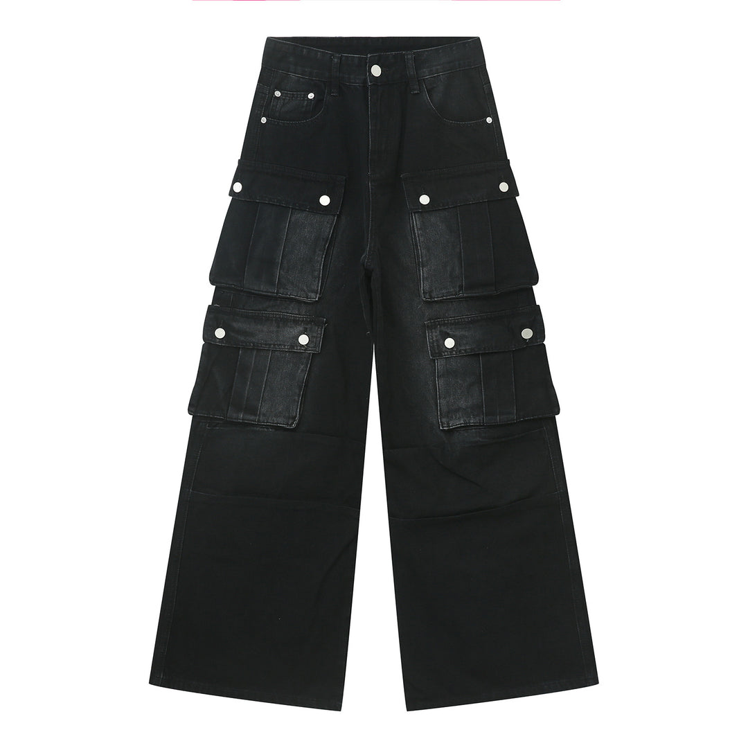 Heavy-Duty Retro Multi-Pocket Cargo-Style Wide-Leg Jeans