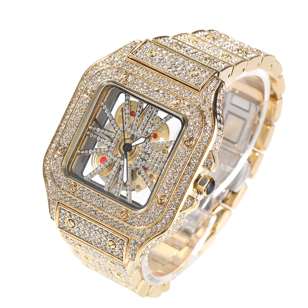 Hip-hop diamond-encrusted hollowed-out square watch