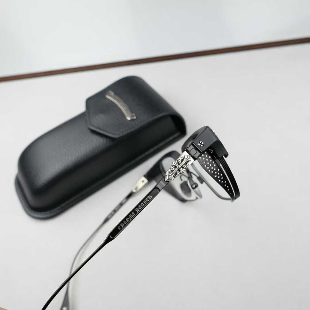 Chrome Hearts thick rimmed hollow out glasses with gold colored legs