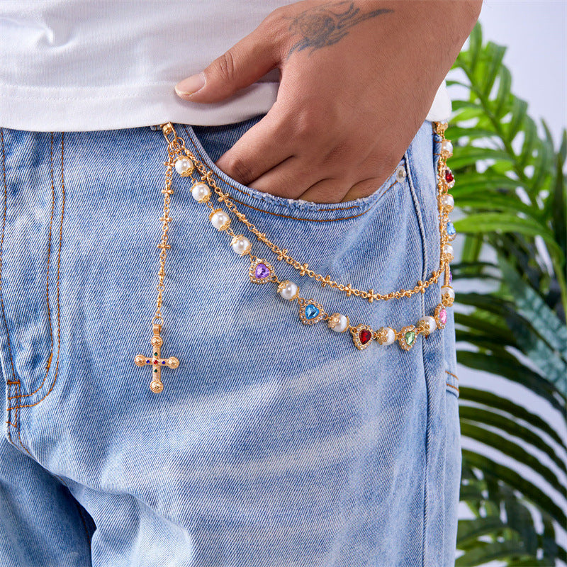 Multi-Color Gemstone, Pearl, and Cross Punk Waist Chain