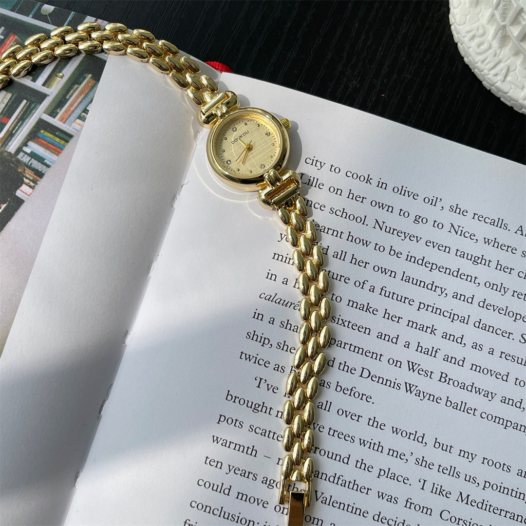 Round Dial Watch with Crystal Accents and Narrow Band