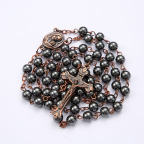 Black gallstone round bead rosary necklace