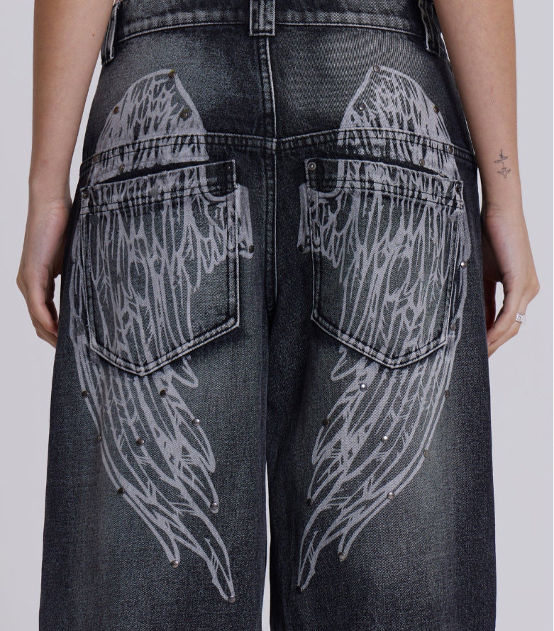Washed & Distressed Wide-Leg Jeans with Gradient Wing Print