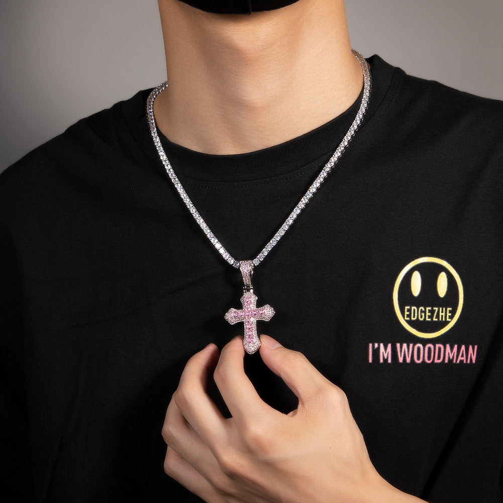 Hip-hop copper-inlaid purple zircon cross necklace