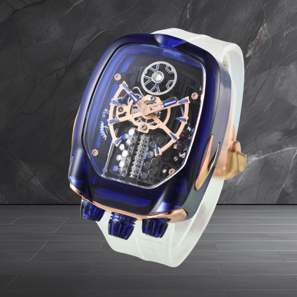 W16 Engine-Style Watch with Sparkling Transparent Crystal Case