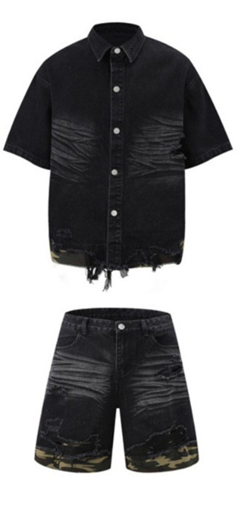 Raw-Hem Leopard-Print Patchwork Denim Shirt & Shorts Set