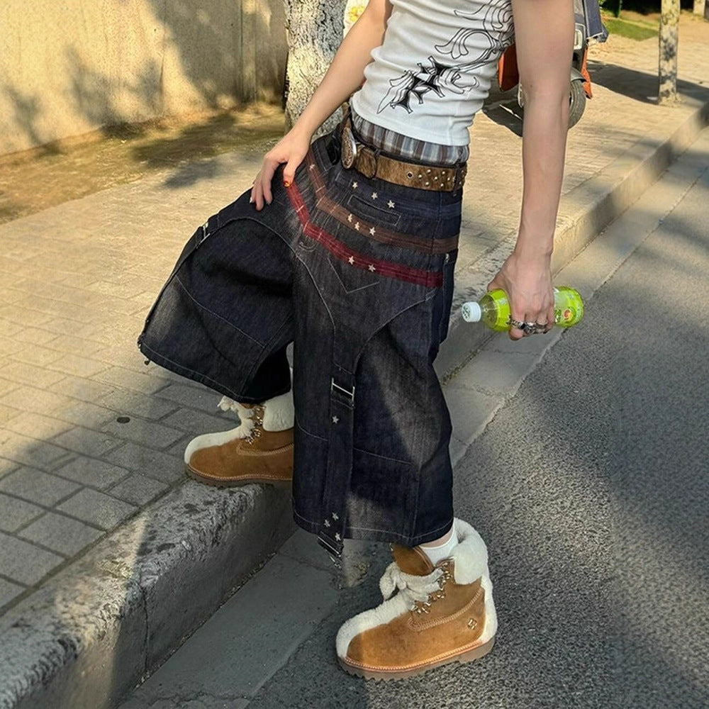 Star-studded patchwork wide-leg cropped shorts
