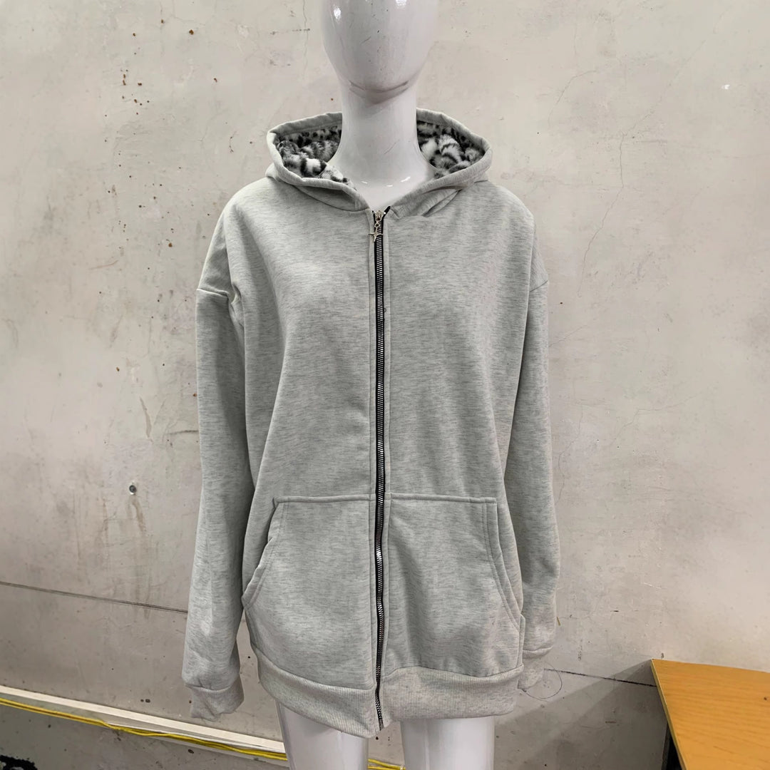 Reversible retro leopard print zip-up hooded sweatshirt