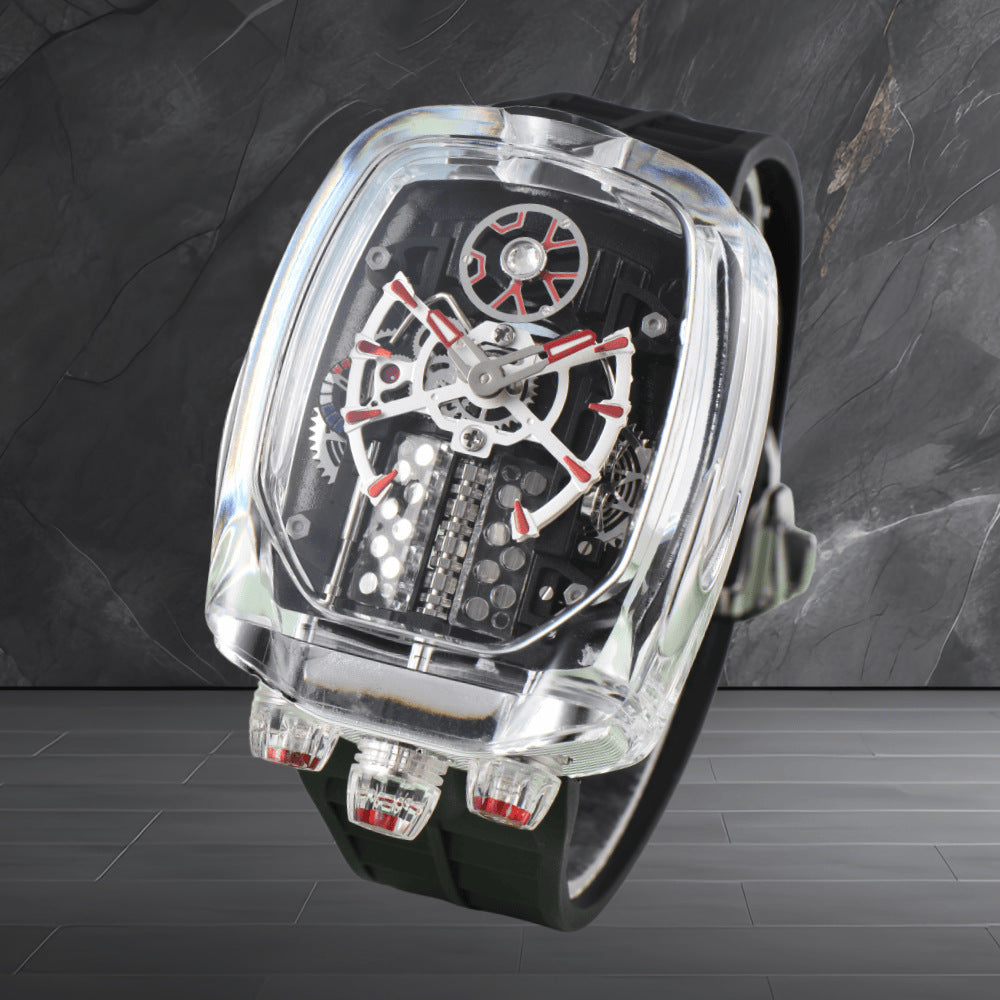 W16 Engine-Style Watch with Sparkling Transparent Crystal Case