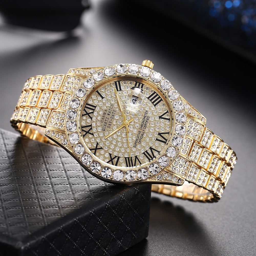 Fully Jeweled, Steel-Band, Calendar Quartz Watch