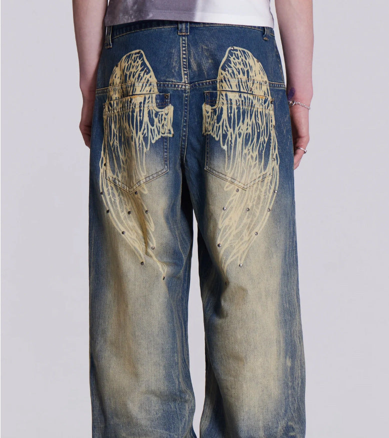 Washed & Distressed Wide-Leg Jeans with Gradient Wing Print