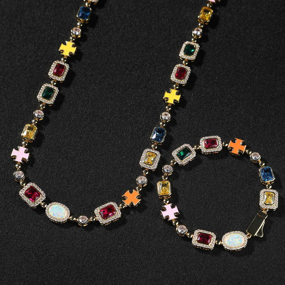Hip-hop diamond multi-colored gemstone necklace