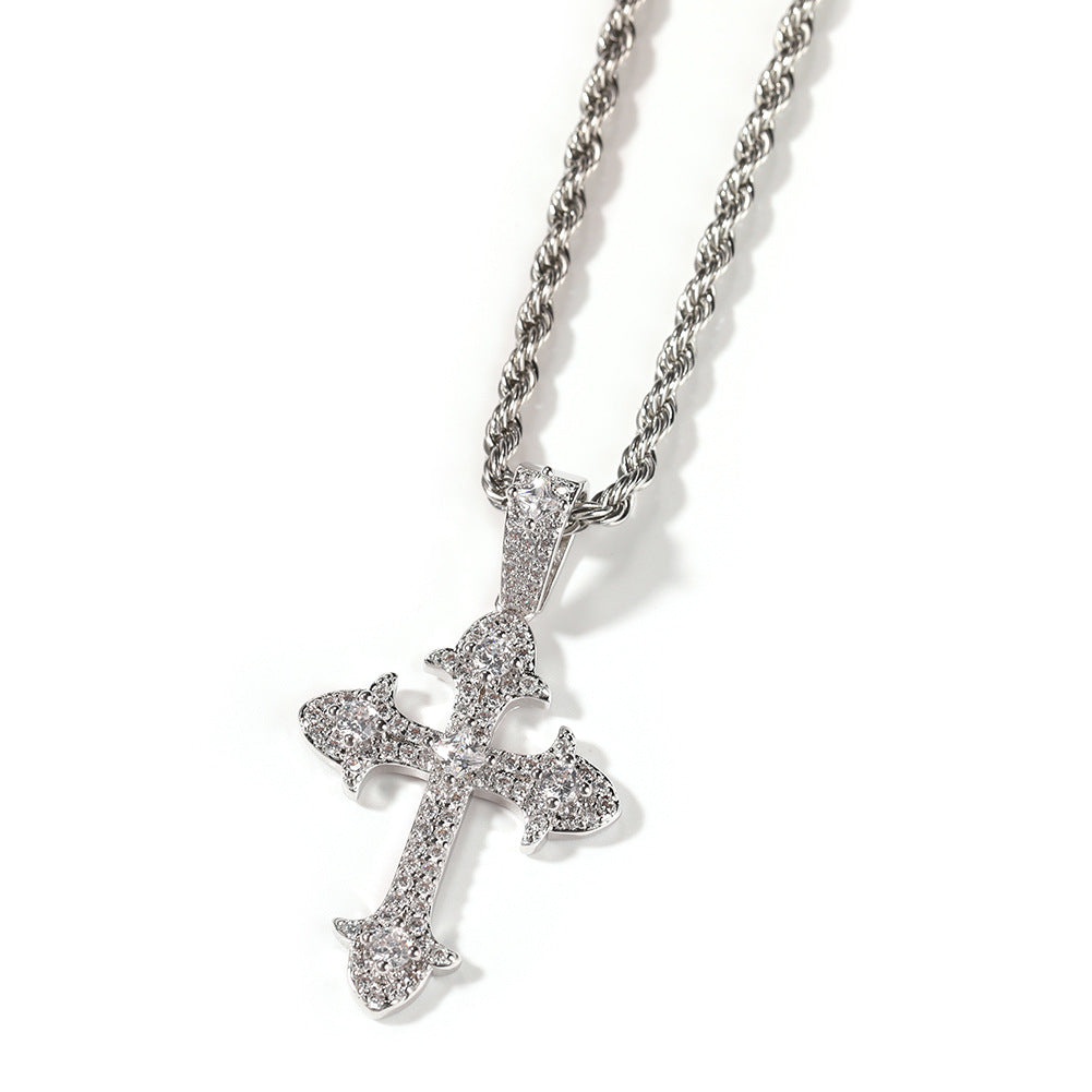 Hip-Hop Diamond-Encrusted Zircon Cross Necklace