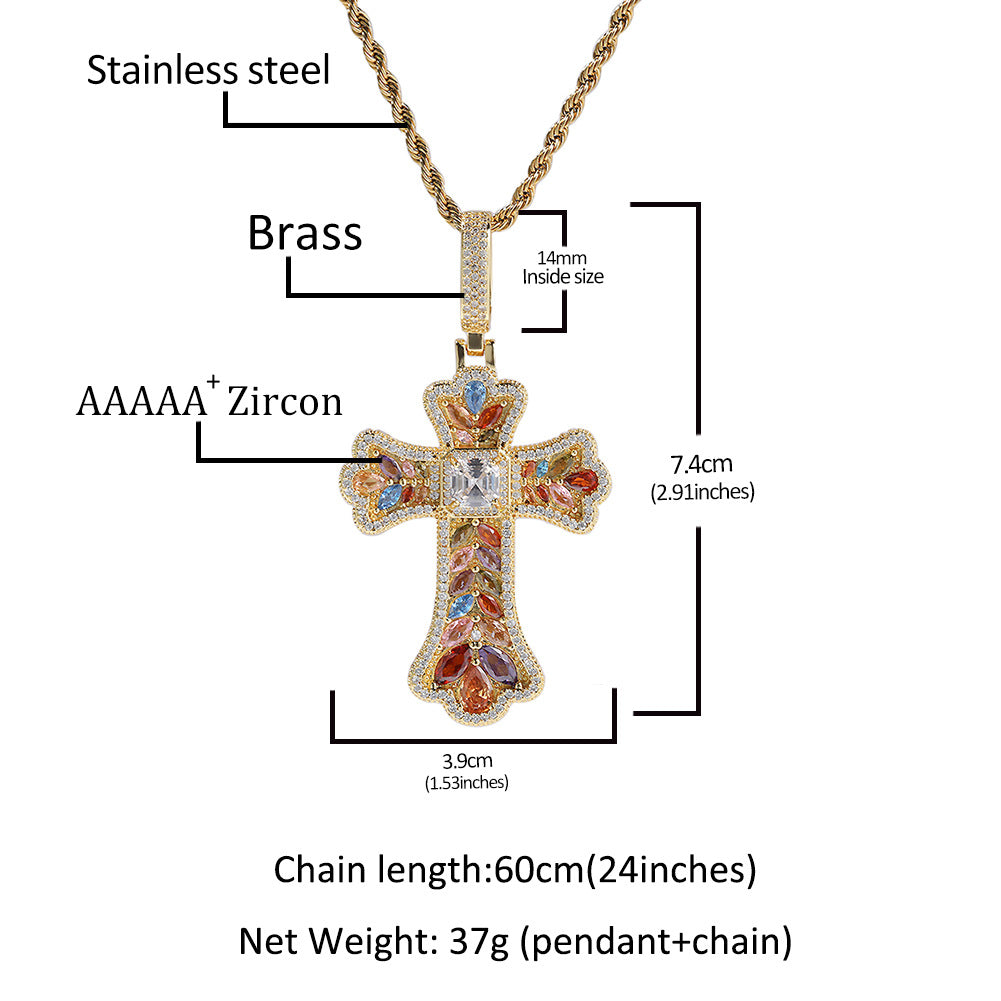 Hip-hop full diamond colorful wheat ear cross pendant