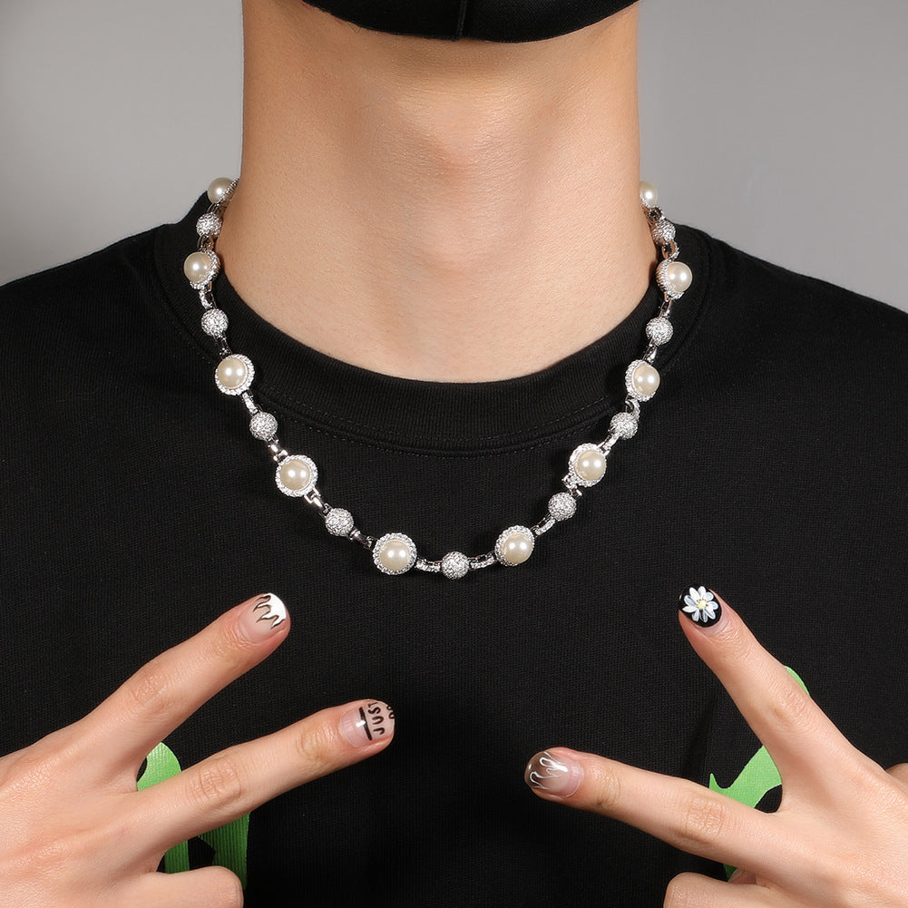 Hip-Hop Silver Pearl Necklace with Diamond Accents