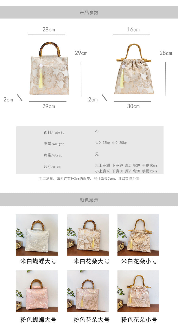 Embroidered sequins linen bamboo handle tote bag