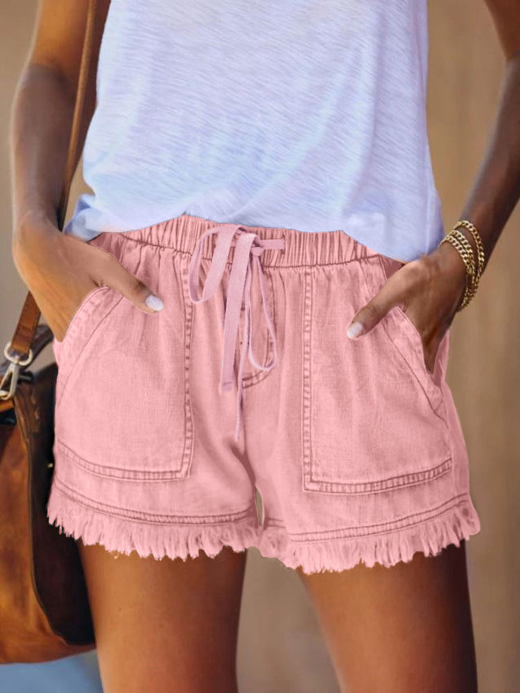 High-Waisted Denim Shorts with Elastic Waist and Fringed Hem