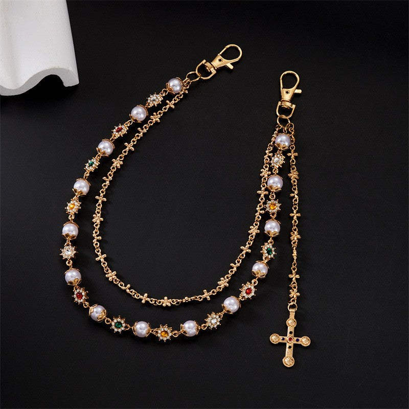 Multi-Color Gemstone, Pearl, and Cross Punk Waist Chain