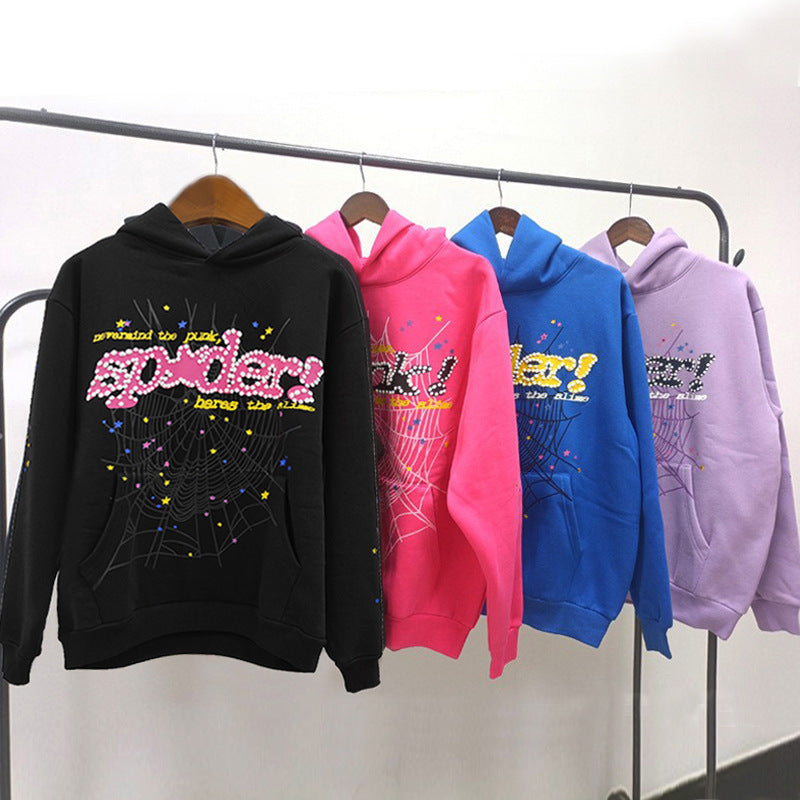 Sp5der fleece-lined hoodie with spiderweb print.