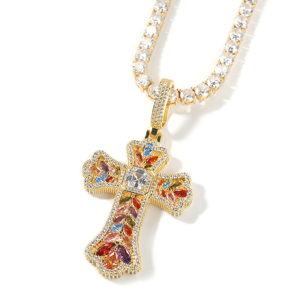 Hip-hop full diamond colorful wheat ear cross pendant