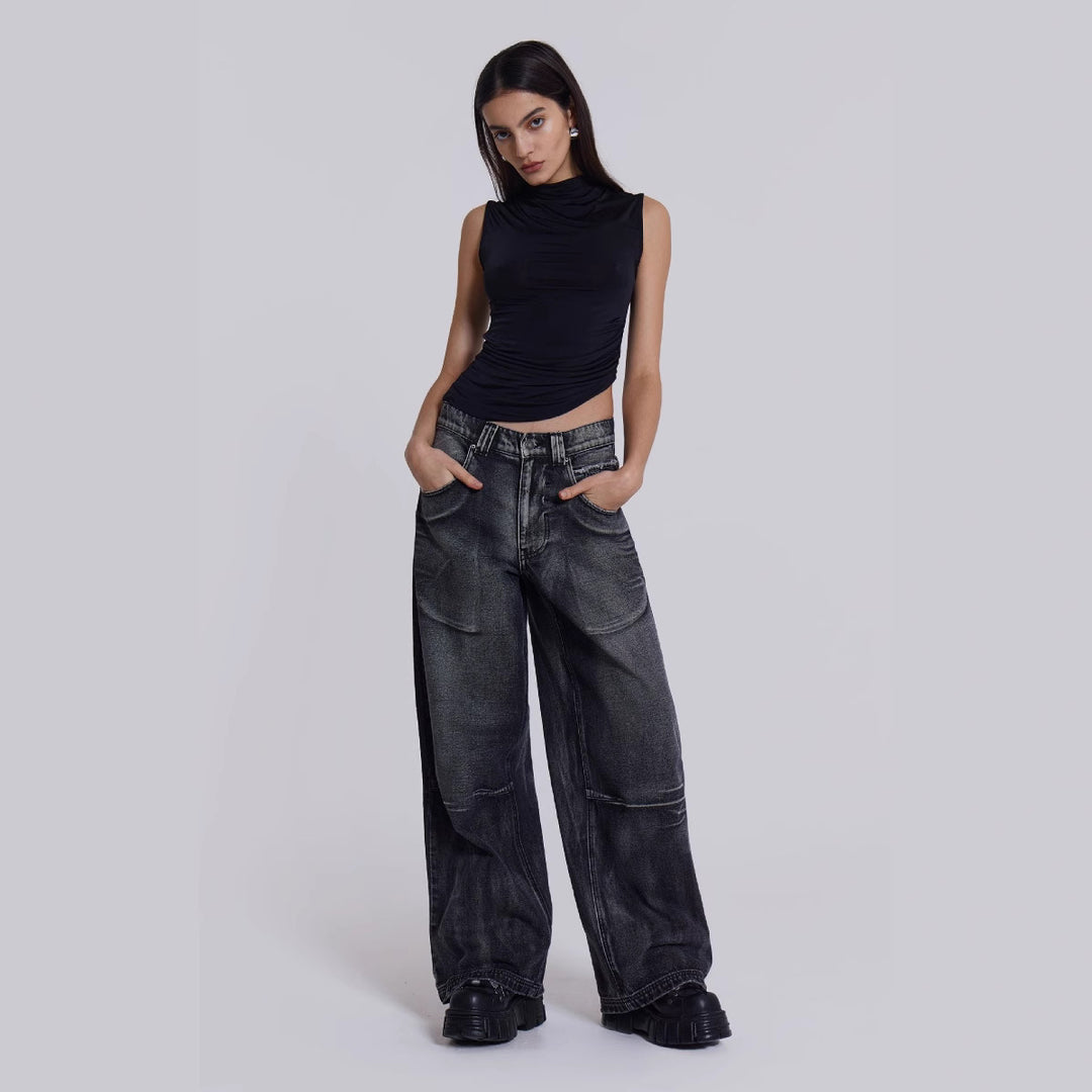 Washed & Distressed Wide-Leg Jeans with Gradient Wing Print